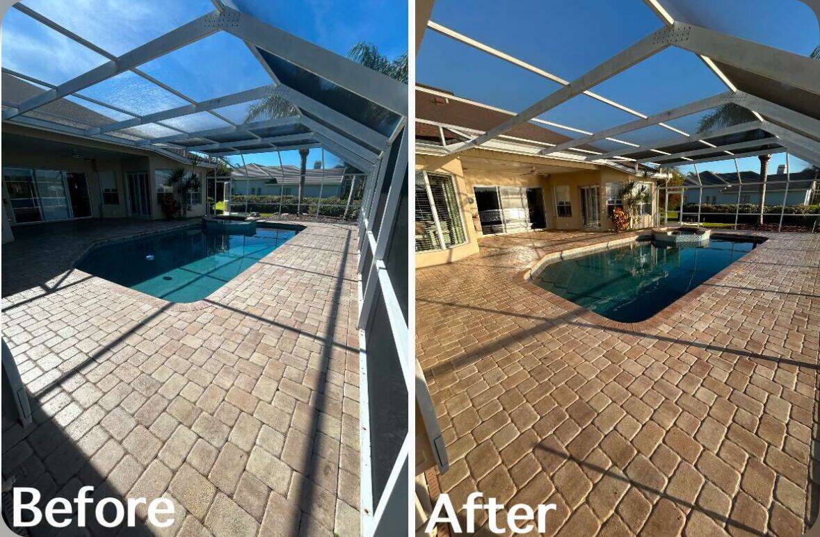 Pool deck paver cleaning — before and after