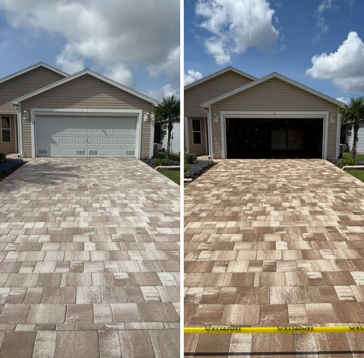 Tan paver driveway pressure washing before and after